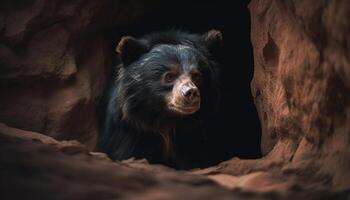 süß Hündchen Sitzung im das Wald, suchen beim Kamera aufmerksam generiert durch ai foto