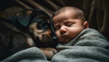 süß klein Hund Schlafen, Umarmen Baby, reinrassig Hündchen bringt Glück generiert durch ai foto