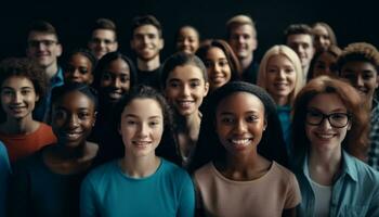 ein heiter Gruppe von Studenten lächelnd, suchen beim Kamera zusammen generiert durch ai foto