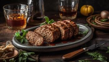 gegrillt Fleisch auf hölzern Tisch, gekocht mit hausgemacht würzen und Kraut generiert durch ai foto