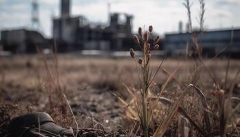 Natur Wachstum beschädigt durch Verschmutzung von Industrie und Konstruktion Ausrüstung generiert durch ai foto