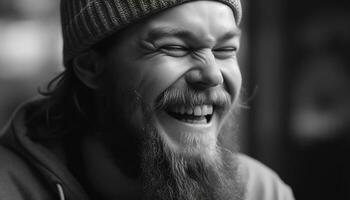 lächelnd Mann mit Bart, draußen, Glück, Winter, suchen beim Kamera generiert durch ai foto