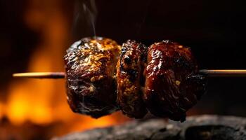 gegrillt Fleisch auf Feuer, natürlich Hitze, Grill, Kohle, schließen oben Kochen generiert durch ai foto