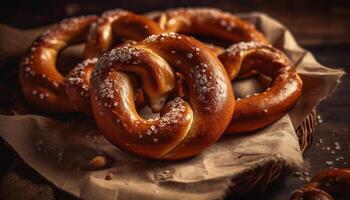 frisch gebacken Brezeln auf ein rustikal hölzern Tisch, knackig und köstlich generiert durch ai foto