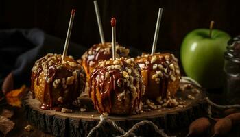 nachsichtig Gourmet Dessert Schokolade Fudge Kuchen mit karamellisiert Apfel Belag generiert durch ai foto