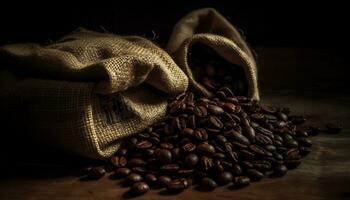 frisch Boden Kaffee Bohnen im ein Sackleinen Sack auf hölzern Tabelle generiert durch ai foto