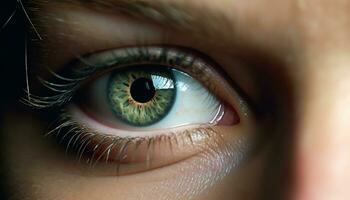 schließen oben von ein Frau Auge, starren mit schön Blau Iris generiert durch ai foto
