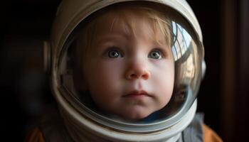 ein süß Baby Junge mit Blau Augen suchen beim Kamera generiert durch ai foto