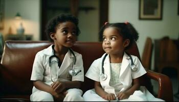 zwei lächelnd Kinder Sitzung drinnen mit ein Arzt und Krankenschwester generiert durch ai foto