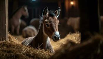 süß Pferd Weiden lassen auf ein Wiese, suchen beim Kamera generiert durch ai foto