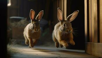 süß Hase Laufen im Natur, flauschige Fell, klein Tier generiert durch ai foto