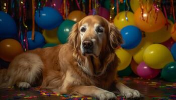 süß Hündchen spielen mit ein Gelb Ballon beim ein Geburtstag Party generiert durch ai foto