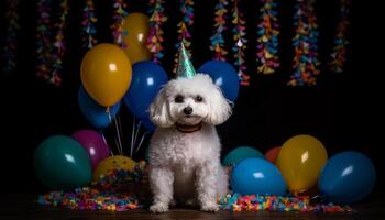 süß Hündchen feiert Geburtstag mit Luftballons, Konfetti, und spielerisch Spielzeuge generiert durch ai foto