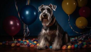 süß Hündchen feiert Geburtstag mit Luftballons, umgeben durch bunt Dekorationen generiert durch ai foto