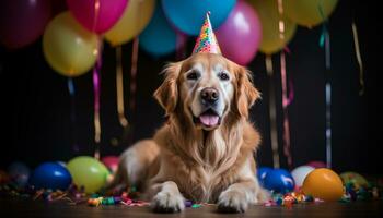 süß Hündchen feiert Geburtstag mit bunt Luftballons und Dekorationen generiert durch ai foto