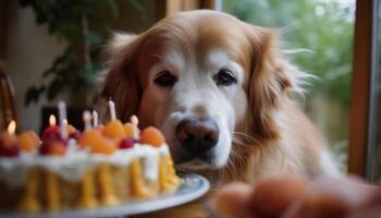 süß Hündchen Sitzung auf Tisch, suchen beim köstlich Schokolade Dessert generiert durch ai foto