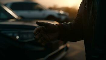 ein Mann Fahren ein Auto beim Nacht, warten zum das Sonnenuntergang generiert durch ai foto