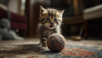 süß Kätzchen spielen mit ein Spielzeug Ball, suchen beim Kamera generiert durch ai foto