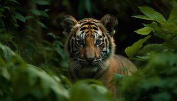 majestätisch Tiger versteckt sich im das Wildnis, starren mit Aggression generiert durch ai foto