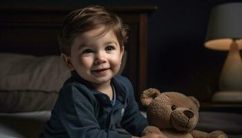 ein Niedlich, heiter kaukasisch Junge spielen mit ein Teddy Bär generiert durch ai foto