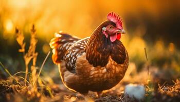 ein schön Hähnchen steht im ein Grün Wiese beim Sonnenaufgang generiert durch ai foto