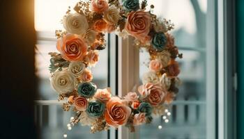 elegant Strauß von Rosa Blumen schmückt das Fenster Schwelle drinnen generiert durch ai foto