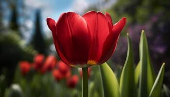 ein beschwingt Wiese von multi farbig Tulpen Blüten im das Frühling generiert durch ai foto