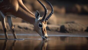 Impala Gazelle Stehen im das afrikanisch Wildnis, reflektieren das Sonnenuntergang generiert durch ai foto