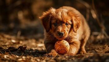 süß Hündchen spielen mit ein Ball im das Herbst Wald generiert durch ai foto