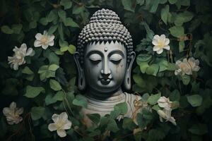 Buddha Statue mit Lotus Blume und Grün Blätter Hintergrund ai generiert foto