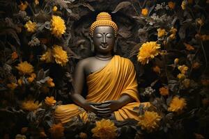 Buddha Statue umgeben durch Gelb Blumen ai generiert foto