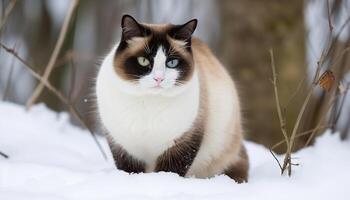 süß Kätzchen Sitzung im Schnee, suchen beim Kamera mit Neugierde generiert durch ai foto