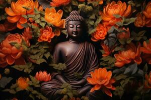 Buddha Statue umgeben durch Orange Blumen auf ein schwarz Hintergrund ai generiert foto