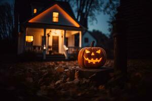 Halloween Kürbisse im Vorderseite von ein Haus beim Nacht, Halloween Hintergrund ai generiert foto