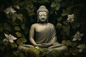 Buddha Statue mit Lotus Blume und Grün Blätter Hintergrund ai generiert foto