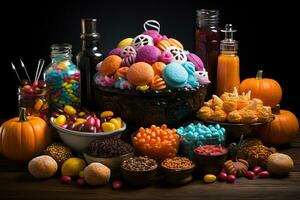 ai generiert. Halloween Süßigkeiten und Süßigkeiten auf dunkel Hintergrund foto