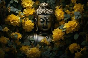 Buddha Statue umgeben durch Gelb Blumen ai generiert foto