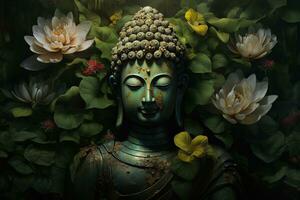 Buddha Statue mit Lotus Blume und Grün Blätter Hintergrund ai generiert foto