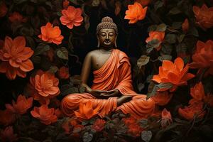 Buddha Statue umgeben durch Orange Blumen auf ein schwarz Hintergrund ai generiert foto