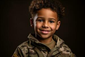 Porträt von ein süß wenig Junge im Militär- Uniform auf dunkel Hintergrund ai generiert foto