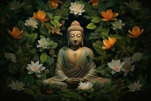 Buddha Statue mit Lotus Blume und Grün Blätter Hintergrund ai generiert foto