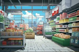 Supermarkt Anime visuell Roman Spiel. generieren ai foto