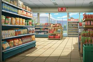 Supermarkt Innen- Anime visuell Roman Spiel. generieren ai foto