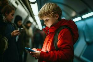 jung Junge mit Telefon London U-Bahn. generieren ai foto