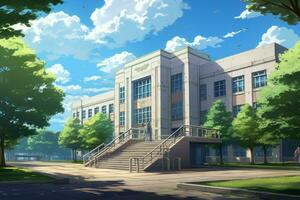 Schule Stadt Gebäude Anime visuell Roman Spiel. generieren ai foto