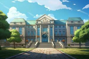 Schule Gebäude Anime visuell Roman Spiel. generieren ai foto