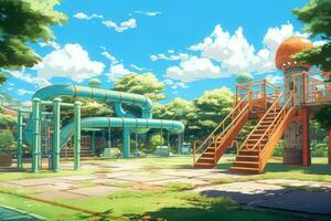 Park Spielplatz Blau Himmel Anime visuell Roman Spiel. generieren ai foto