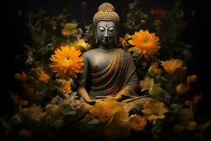 Buddha Statue umgeben durch Gelb Blumen ai generiert foto