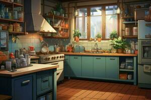 Küche Licht Anime visuell Roman Spiel. generieren ai foto