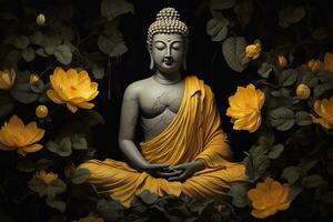 ein golden Buddha Statue umgeben durch Blumen ai generiert foto